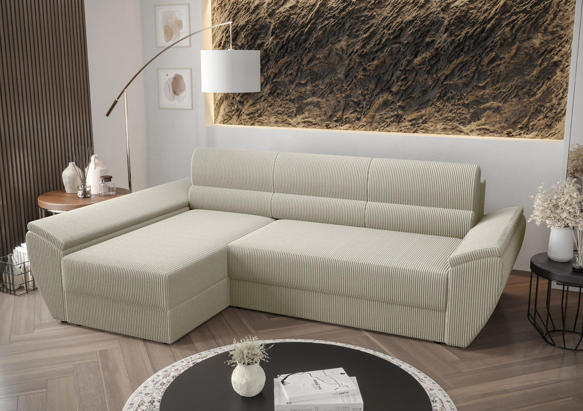 ECKSOFA L REBI L3 Poso 100 Links mit Schlaffunktion, Beige - Beige, Textil (251/140cm)