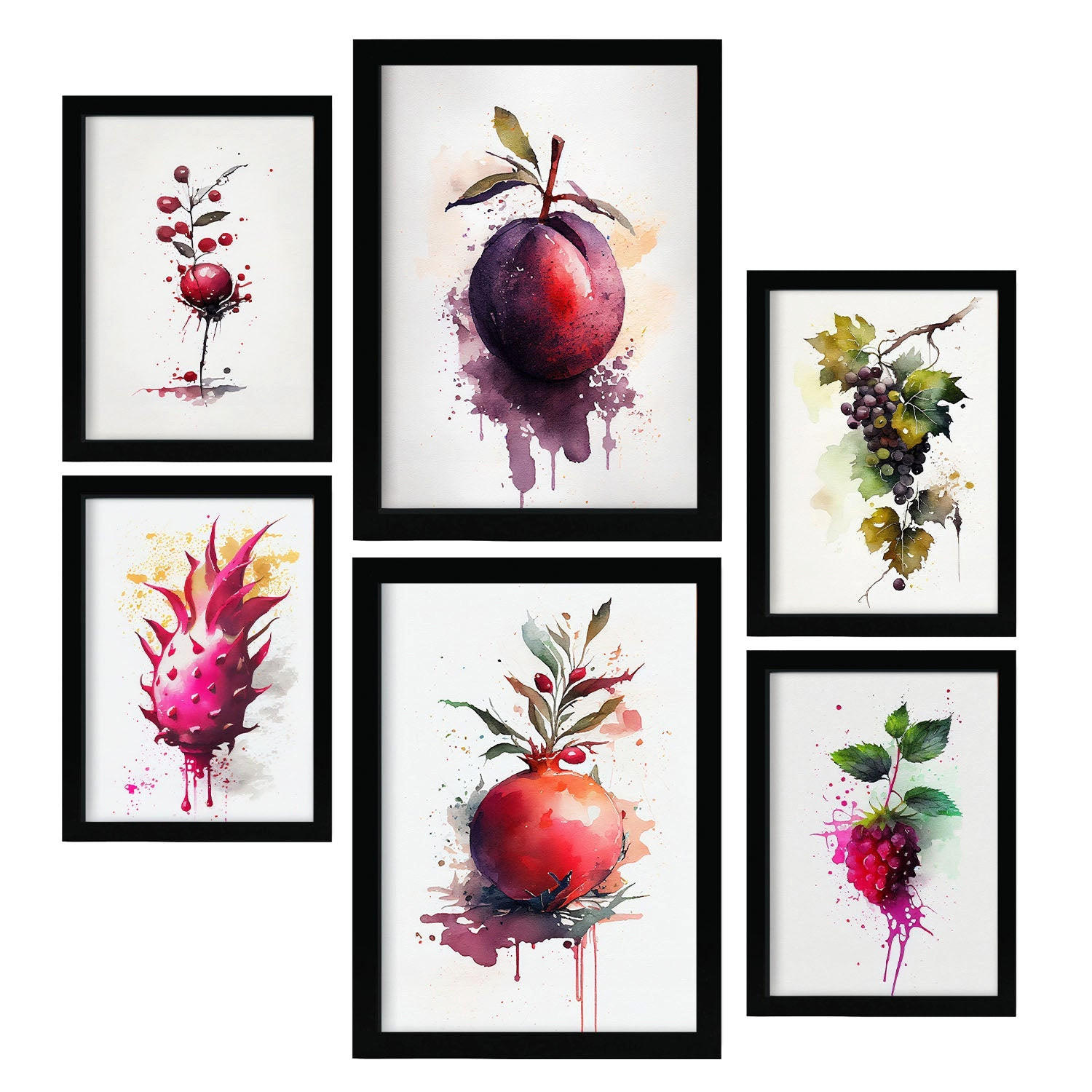 POSTER Set Mit 6 Lila Früchte Plakate Von Obst Gemüse & Gesunden Lebensmitteln Im Aquarell Kunst Auf Reinweißen Hintergründen A3 & A4 Schwarzer Rahmen - Schwarz, Papier (29/3cm) - Nacnic