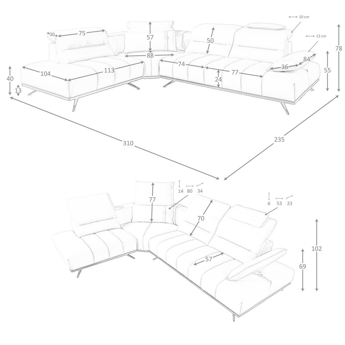 ECKSOFA Linksseitiges Ecksofa aus hellgrauem Leder 310/235/102 cm - Chromfarben/Hellgrau, Leder/Metall (310/235cm) - ANGEL CERDA