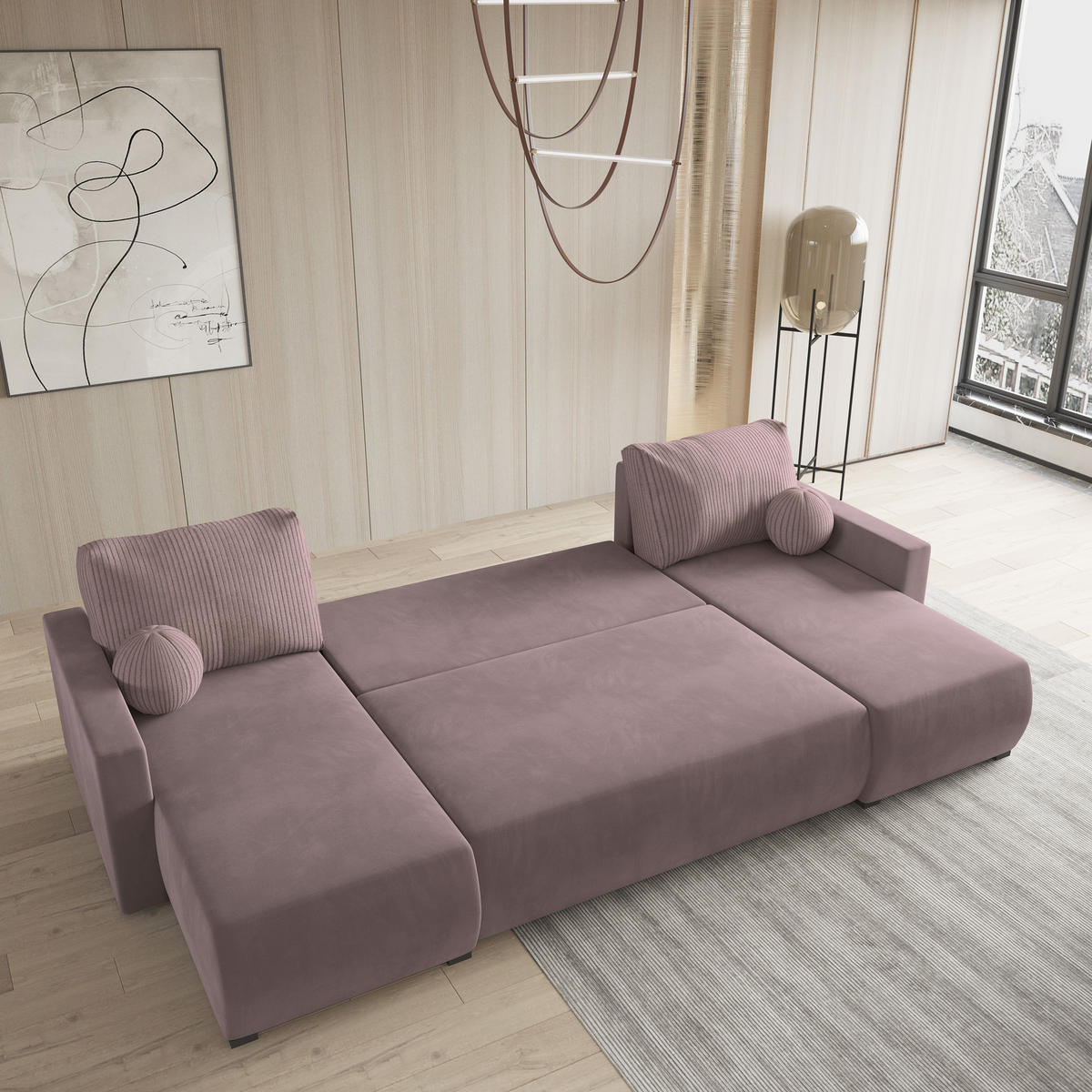 WOHNLANDSCHAFT TESSUN Rosa Plüsch-Stoff mit Schlaffunktion - Rosa, Holz (286/85/143cm) - MASSENO