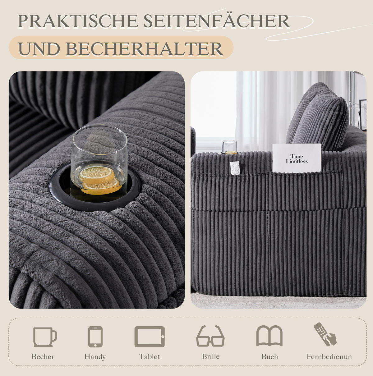 2-SITZER Sofa Cordstoff mit Seitenfächern und Becherhaltern 158/93/61 cm Dunkelgrau - Dunkelgrau, Textil (93/61/158cm) - Redom