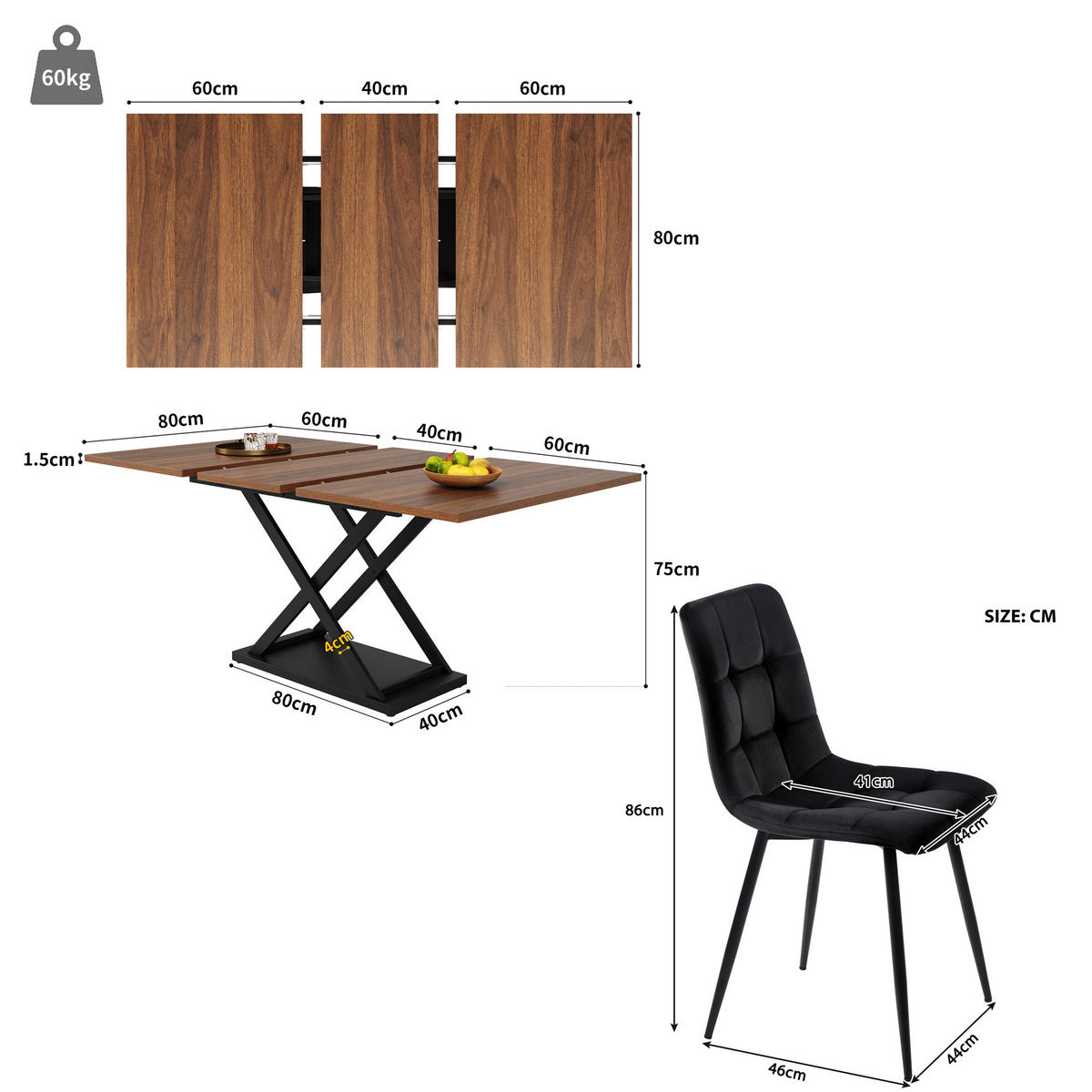 ESSGRUPPE Ausziehbarer Esstisch 120-160cm Nussbaum & 4 Samtstühle Schwarz - Walnussfarben, Holzwerkstoff (160/75/80cm) - Urban Meuble