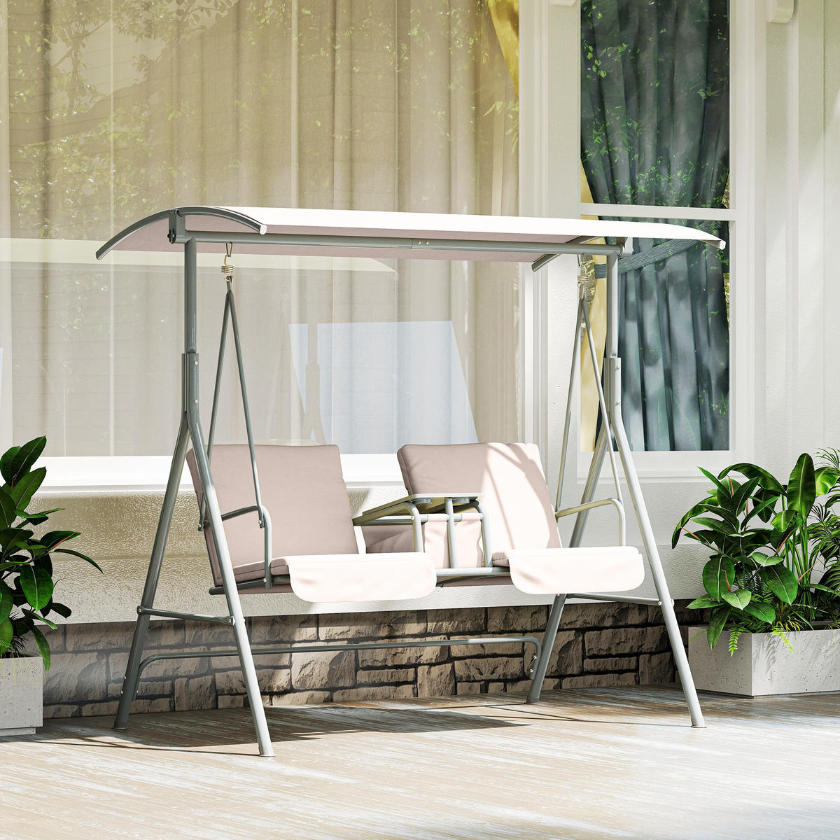 HOLLYWOODSCHAUKEL DE-07099 2-Sitzer, verstellbares Sonnendach, bis 180 kg Beige - Beige, Metall (175/158/112cm) - ComfortXL