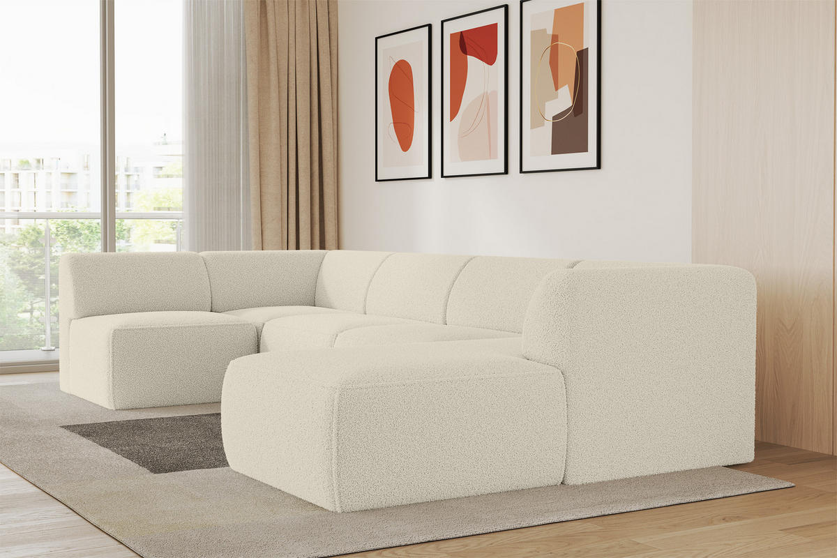 WOHNLANDSCHAFT Ottomane Rechts MOVO-L 345x180x78 cm Beige Bouclé - Hellbraun, Holzwerkstoff/Kunststoff (180/78/345cm) - ALTDECOR