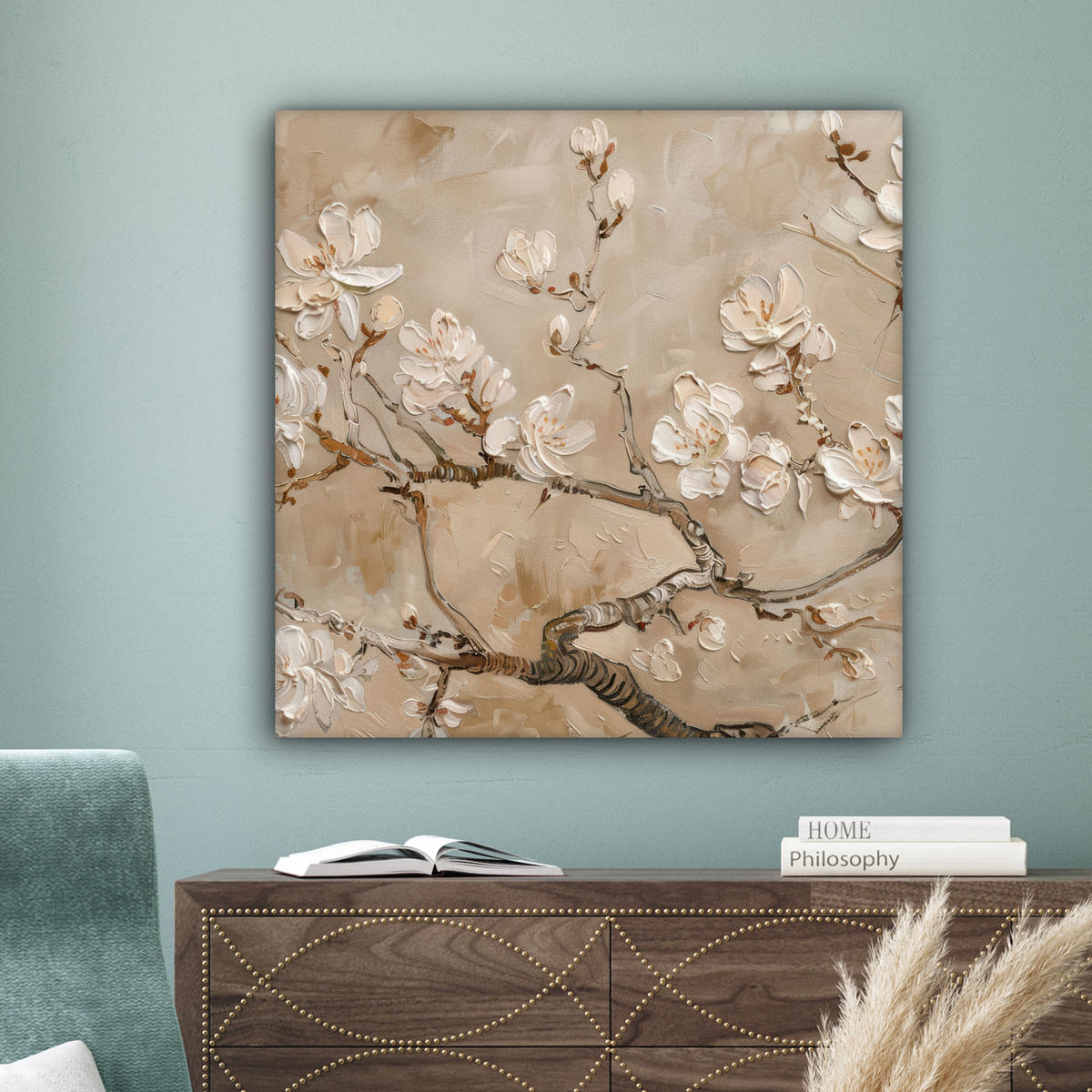 LEINWANDBILD - Blumen - Modern - Beige - Weiß - Blüte - 90x90 - Gemälde - Beige, Textil (90/90cm) - MuchoWow
