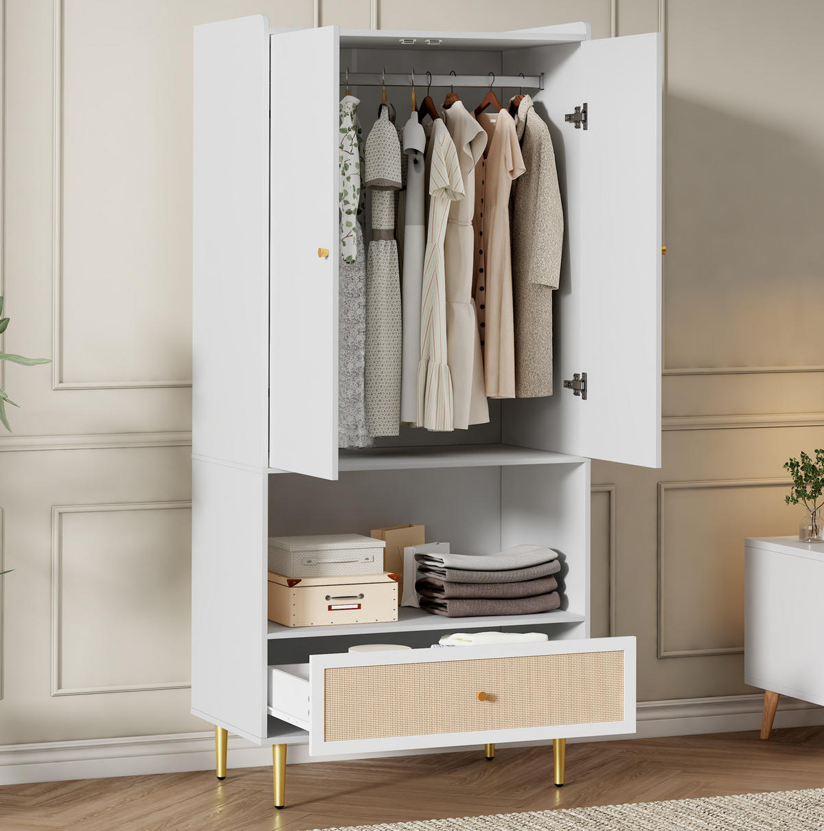KLEIDERSCHRANK 80/48/175 cm weiß/natur aus Spanplatte mit Schublade - Weiß, Holzwerkstoff (48/175/80cm) - OKWISH