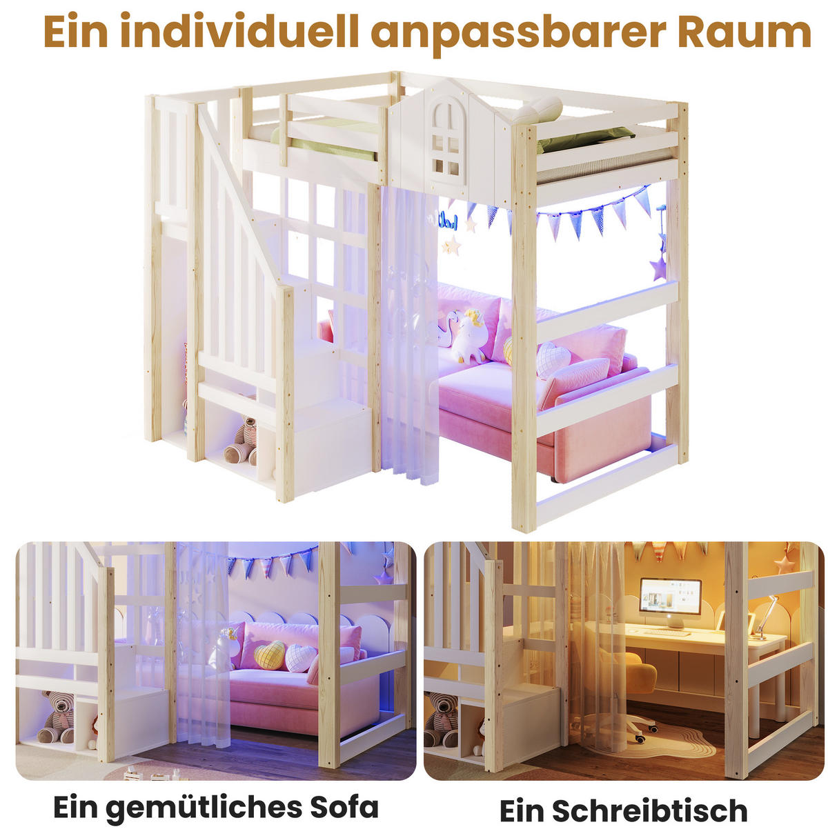 HOCHBETT 90/200 cm mit LED-Beleuchtung, Ablageleiter, offenem Staufach und Gaze aus Kiefernholz, Weiß/Natur - Weiß, Holz (90/200cm) - Redom