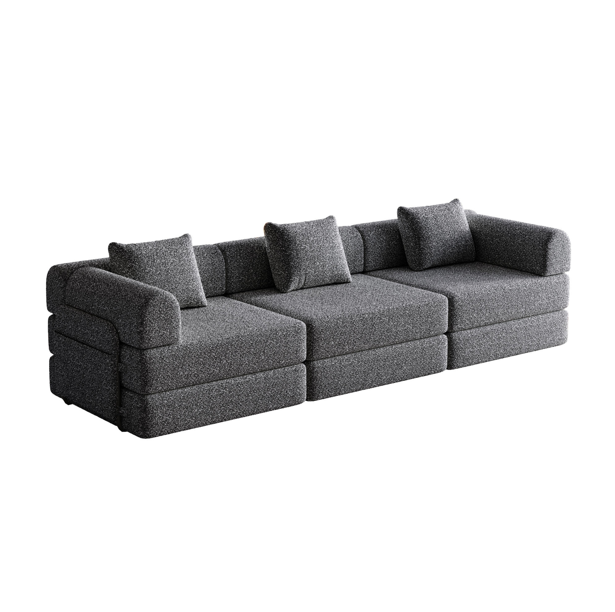 Modfu ROZKLÁDACÍ křeslo z žinylky 274x91x70 cm šedé 2 v 1 s úložným prostorem v područce a variabilním uspořádáním
