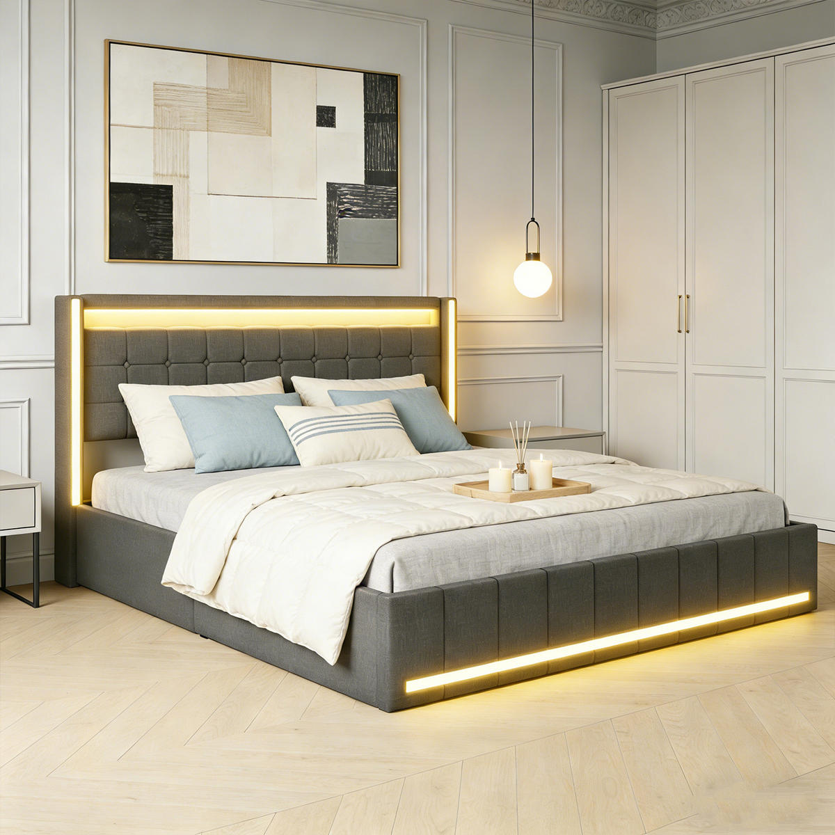 POLSTERBETT 180x200 cm mit 4 Schublade, Doppelbett 180x200 cm mit LED und USB, Lattenrost, Bett 180x200, Dunkelgrau Leinenstoff - Dunkelgrau, Holzwerkstoff/Textil (180/200cm) - GENKI LIVING