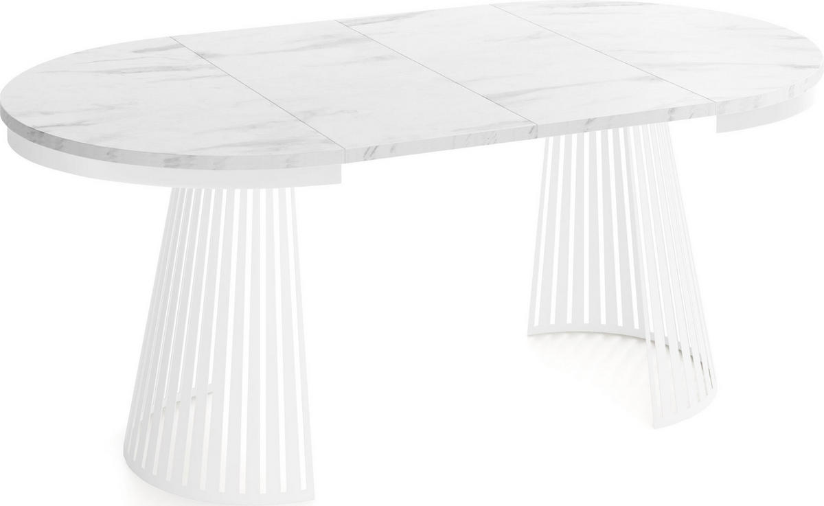 ESSTISCH Naro rund ausziehbar mit Weißem Lamellen-Metallgestell, Marmor Weiß 120-200/120/76 cm - Ecru/Weiß, Holzwerkstoff/Metall (120/196/76cm) - WFL GROUP