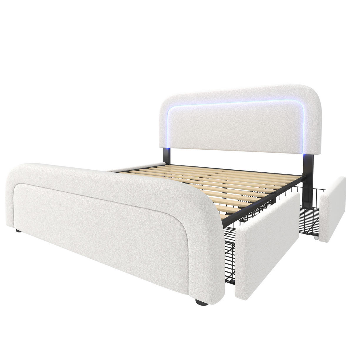 BETT mit LED, USB und 4 Schubladen 160x200 cm Sherpa Weiß - Weiß, Metall (160/200cm) - Meubliv