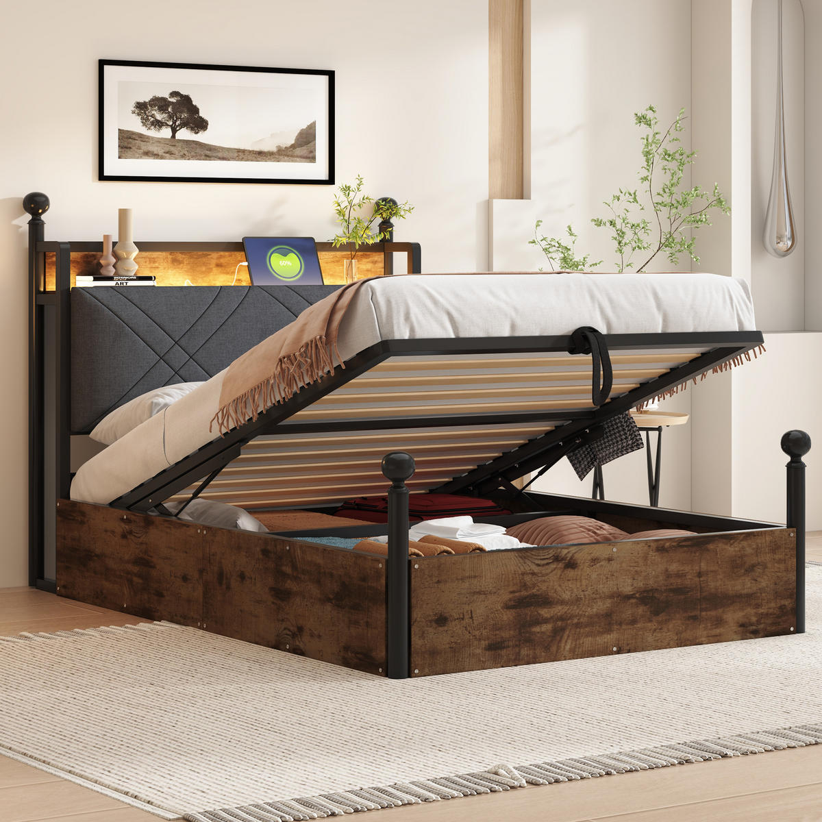 METALLBETT 90/190 cm schwarz mit hydraulischem Stauraum und LED-Beleuchtung - Schwarz, Metall (90/190cm) - OKWISH