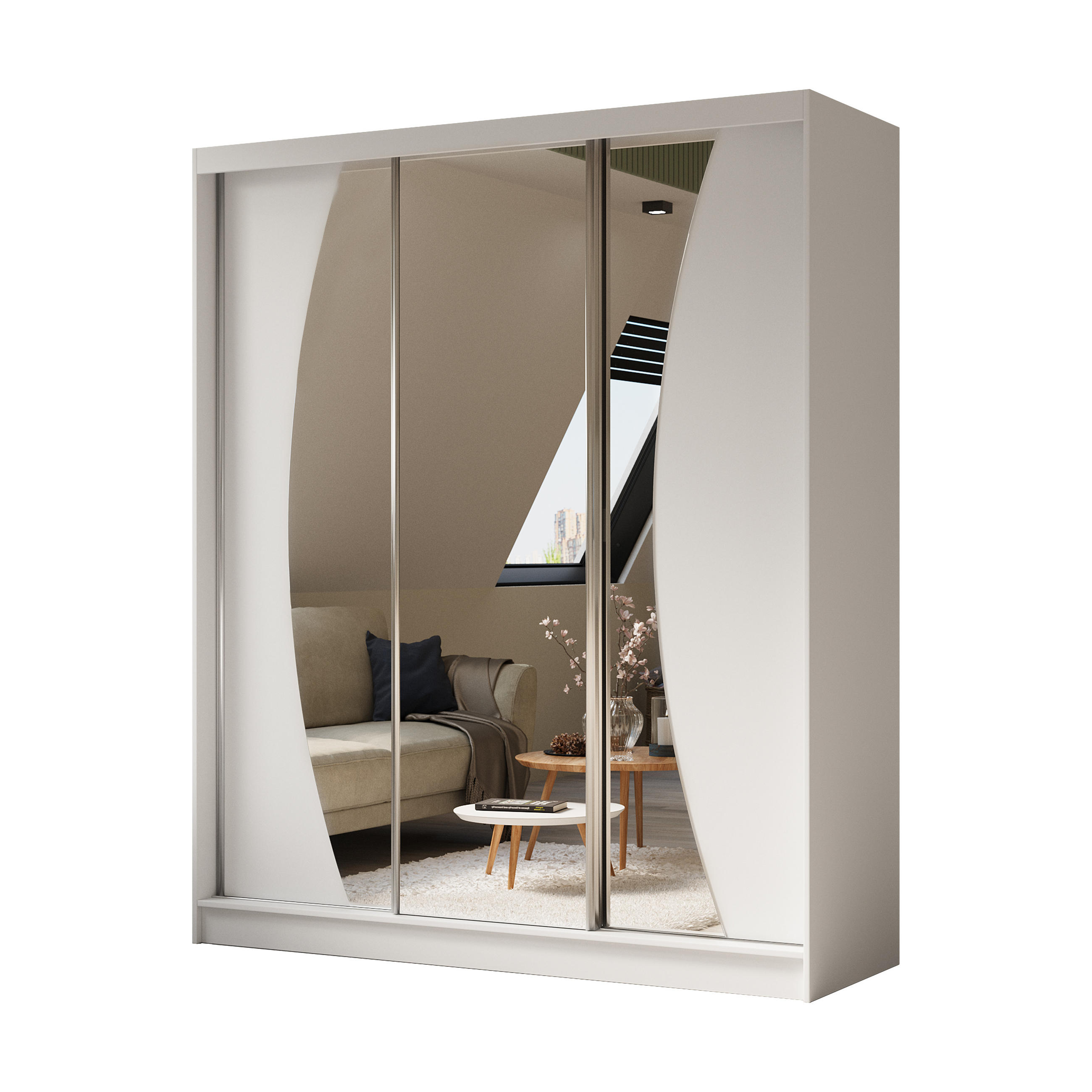 ALTDECOR ŠATNÍ SKŘÍŇ se zrcadlovými posuvnými dveřmi a hliníkovými lamelami, LED osvětlení – VOXI – 180 cm bílá