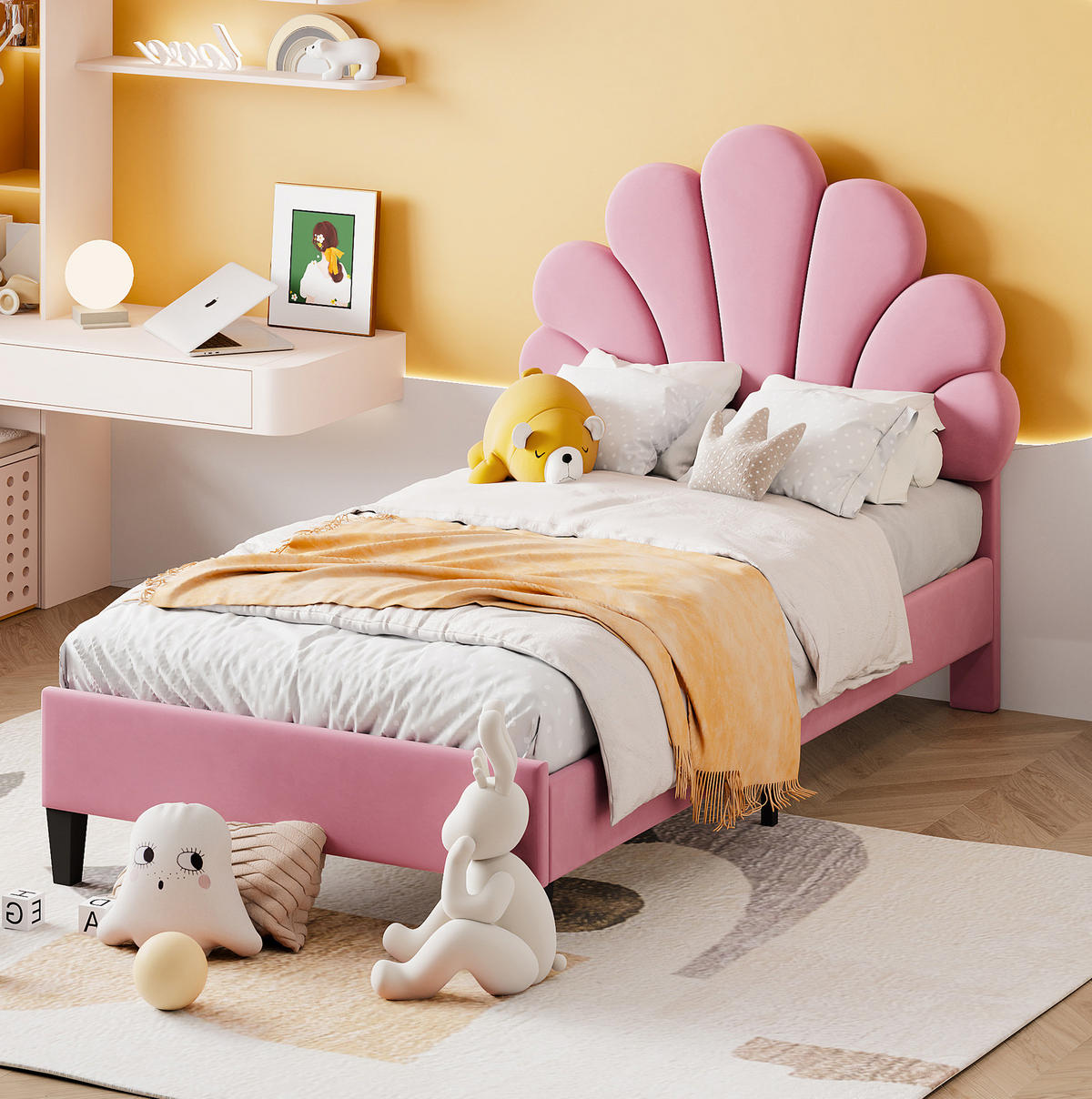 POLSTERBETT 90/200 cm aus Samt mit Kopfteil in Blumenform Rosa - Rosa, Textil (90/200cm) - Modenvie