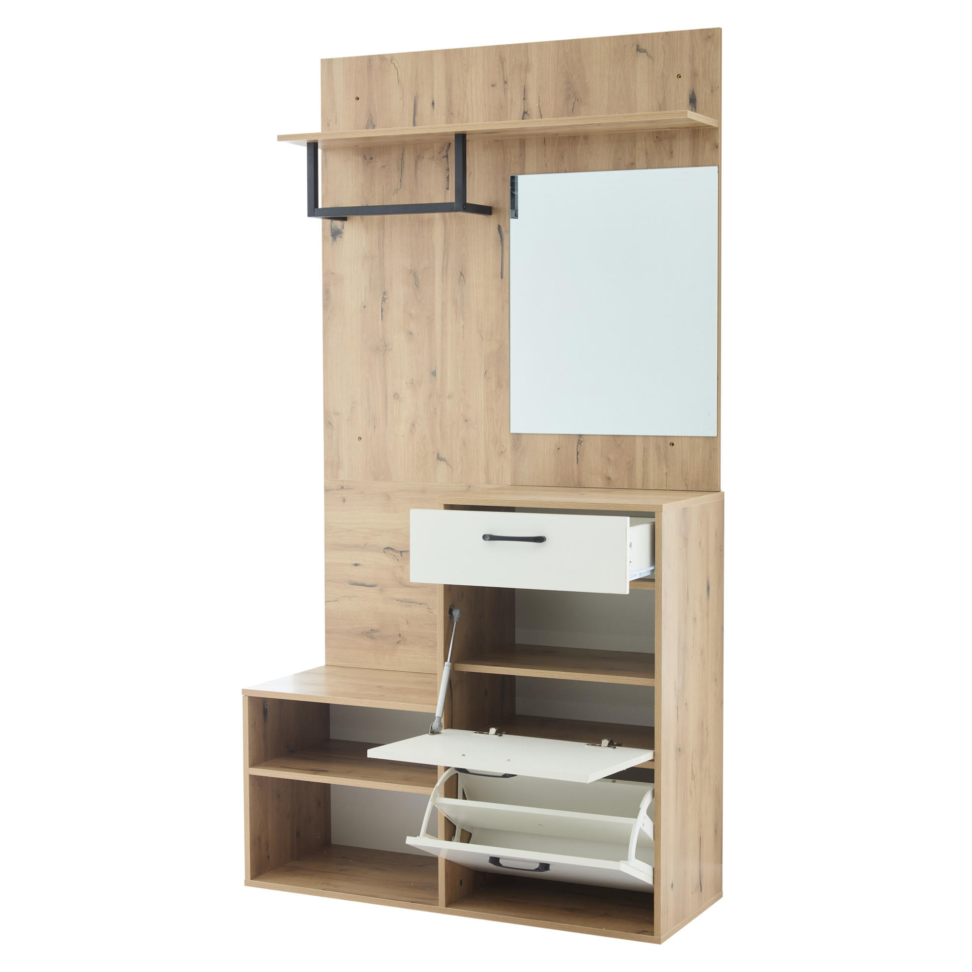 GARDEROBEN-SET aus Spanplatte mit Spiegel & Schuhbank, 100/38,5/190 cm, Weiß/Naturholz - Naturfarben, Holzwerkstoff (38.5/190/100cm) - Redom