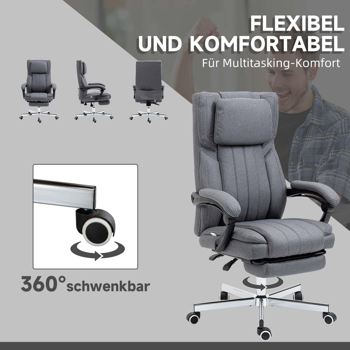 BÜROSTUHL mit Massagefunktion, Grau - Grau, Kunststoff (61/113/65cm) - Vinsetto