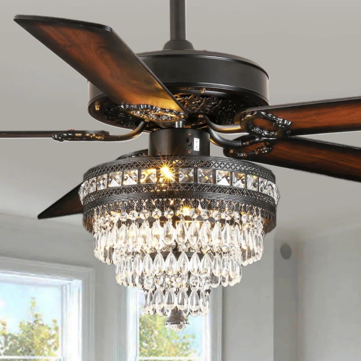 DECKENVENTILATOR Schwarz 132 cm mit Kristallleuchte und Fernbedienung - Schwarz, Metall (157.5/157.5/64.5cm) - Surtime