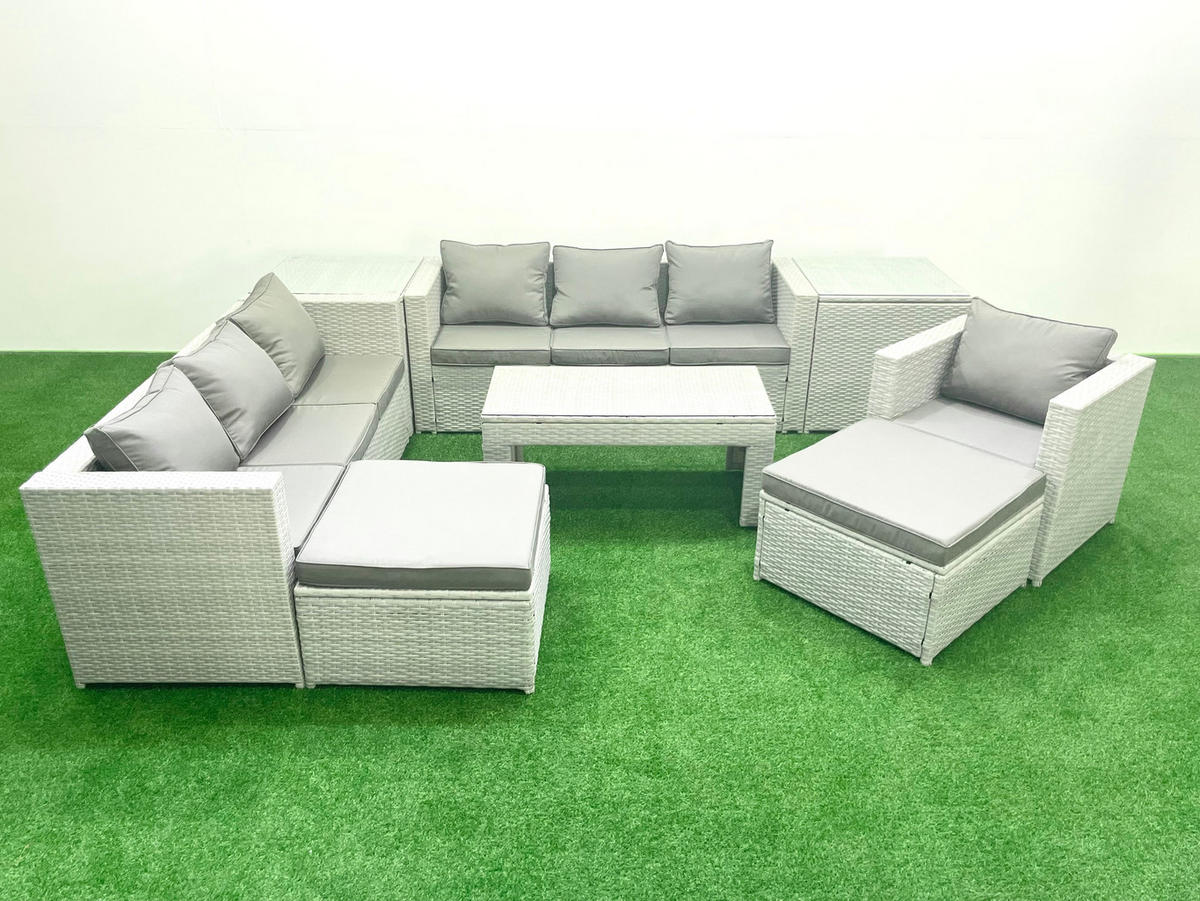 GARTENSOFA hohe Rückenlehne Polyrattan Hellgrau-Mix 9-Sitzer - Hellgrau/Grau, Glas/Kunststoff - Fimous
