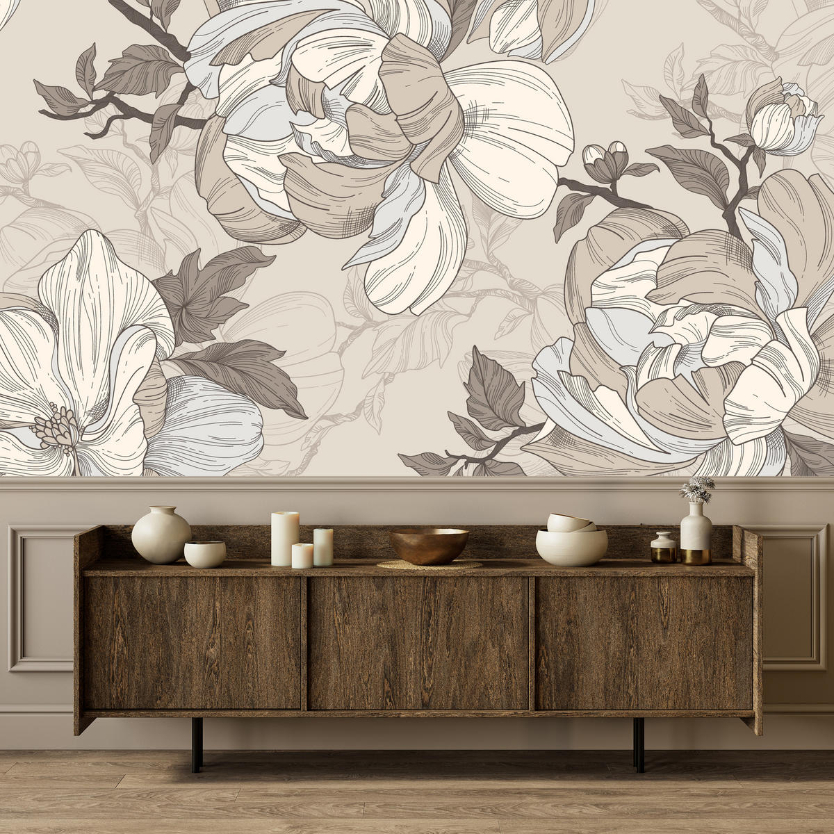 FOTOTAPETE für Wohnzimmer Natur Große Blüten Blätter Pflanzen 150x105 - Beige/Creme, Papier (150/105cm) - Muralo