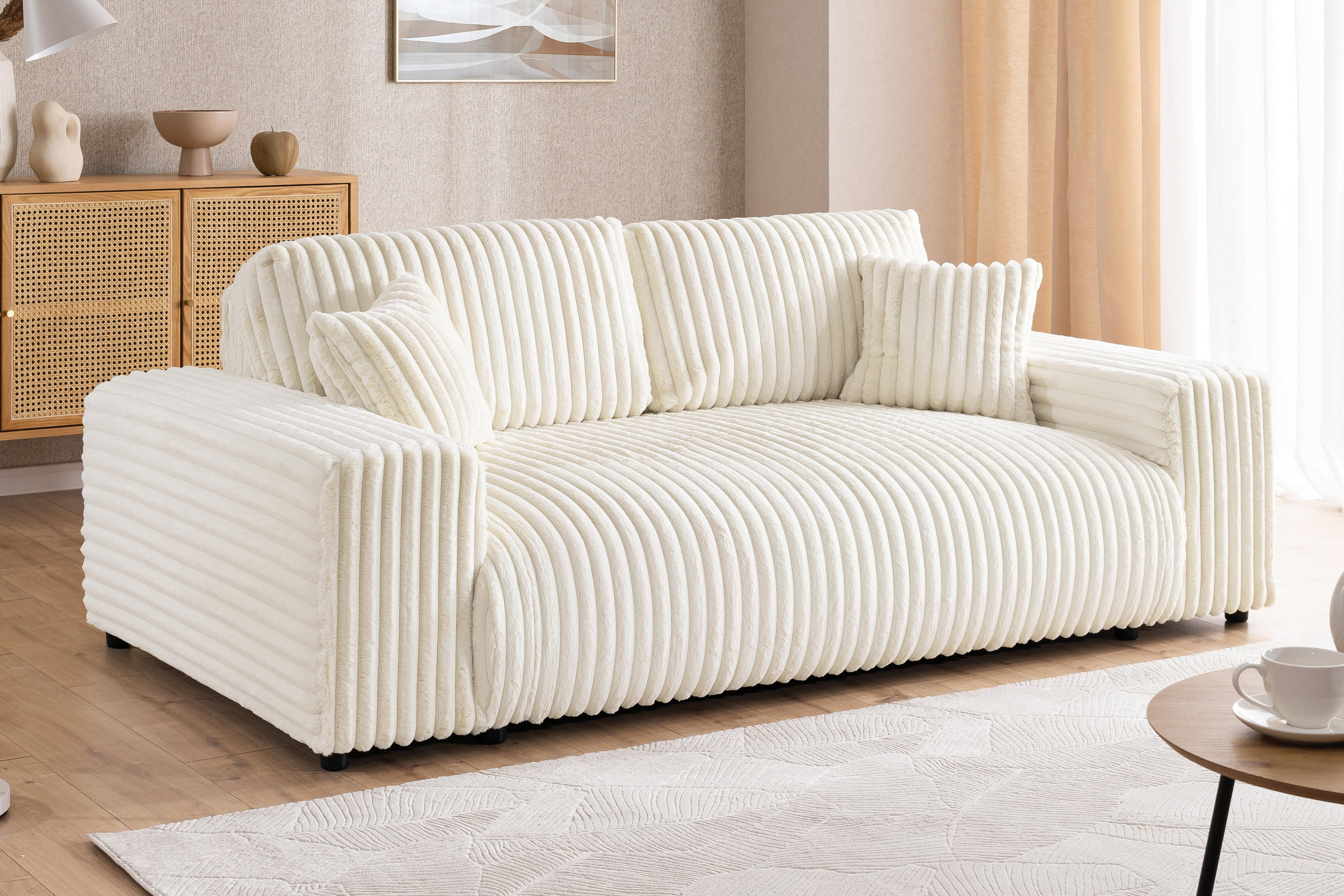 2-SITZER-SOFA Mollis Hellbeige Plüschcord - Beige/Schwarz, Holz/Kunststoff (178/79/108cm) - S-Style Möbel