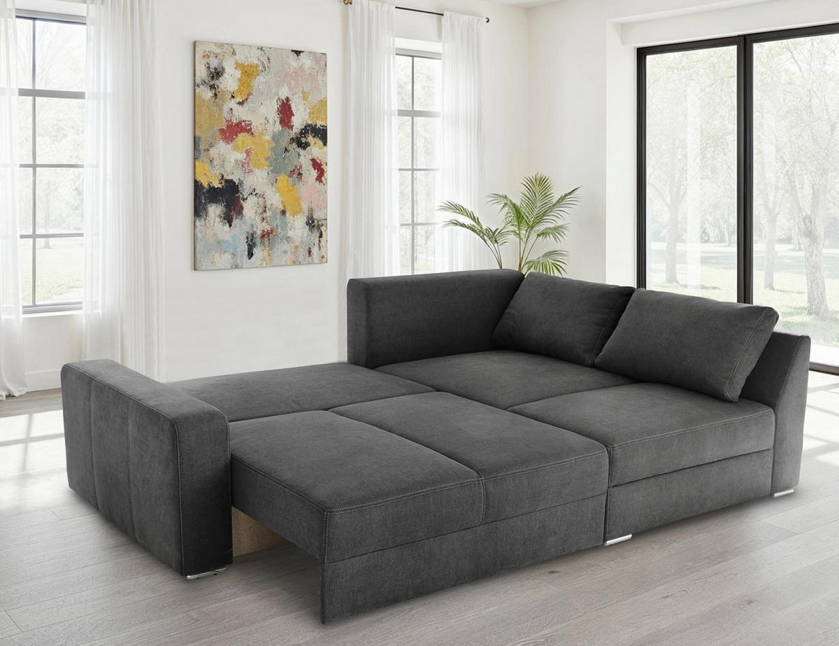 ECKSOFA-DAUERSCHLÄFER Boxspring Federkern Topper Bettkasten, seitenverkehrt montierbar B260/T181/H88 cm, Mikrofaser in Dunkelgrau / 15107 - Chromfarben/Dunkelgrau, Textil/Metall (260/181cm) - luma-home