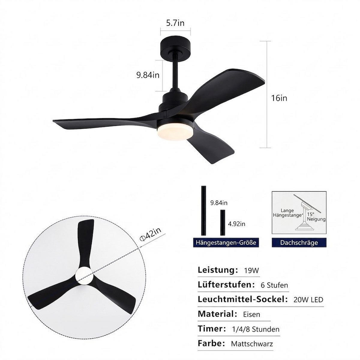 DECKENVENTILATOR & LED Beleuchtung Vor-/Rücklauf reversibler DC-Motor - Schwarz, Kunststoff (107/107/41cm) - BEXEVUE