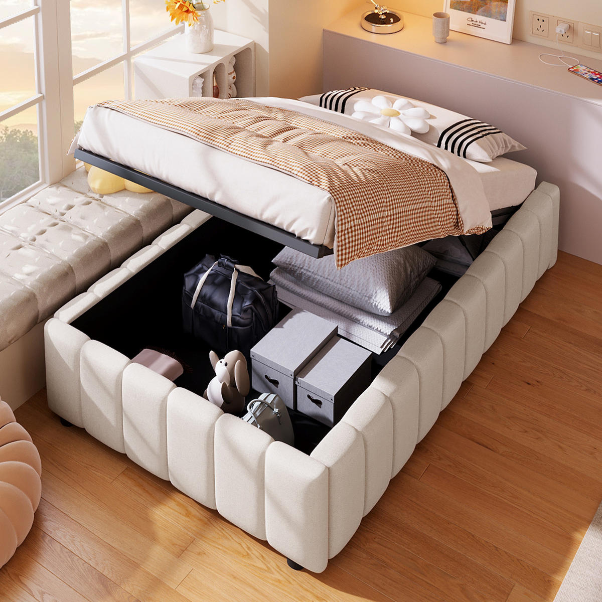 POLSTERBETT 90/200 cm Beige aus Leinen mit hydraulischem Stauraum - Beige, Textil (90/200cm) - OKMYHOME