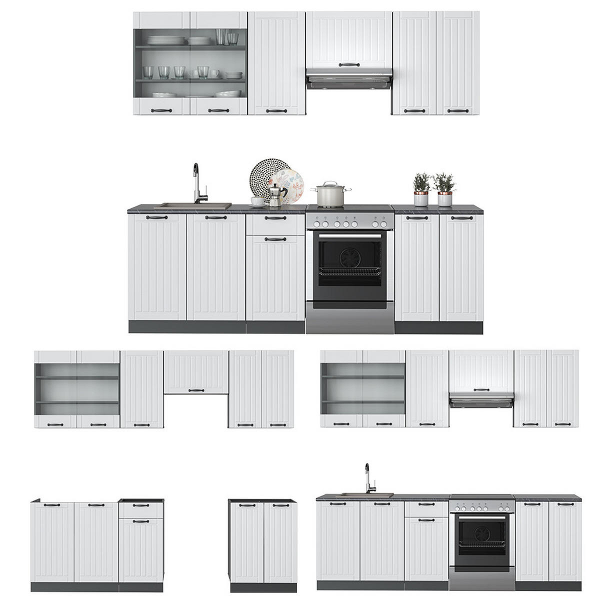 KÜCHENZEILE Fame-Line Weiß Landhaus/Anthrazit 240 cm ohne AP - Anthrazit/Weiß, Holzwerkstoff (240/81.6/46cm) - Vicco