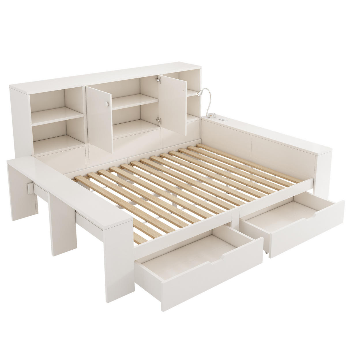 POSTEĽ s úložným priestorom 140/200 cm biela s USB, zásuvkami a policami z MDF a preglejky - biela, kompozitné drevo (140/200cm) - OKWISH