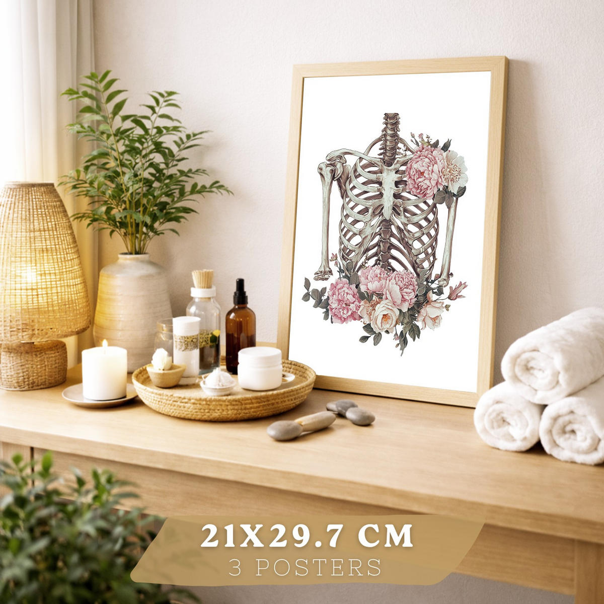 POSTER Set aus 3 Anatomie Florale Drucke und Wandbilder mit Herz Brustkorb und Lungen Detaillierter Illustrationsstil Größe Leichter Holzrahmen A4 - Beige, Papier (21/29.7/3cm) - Nacnic