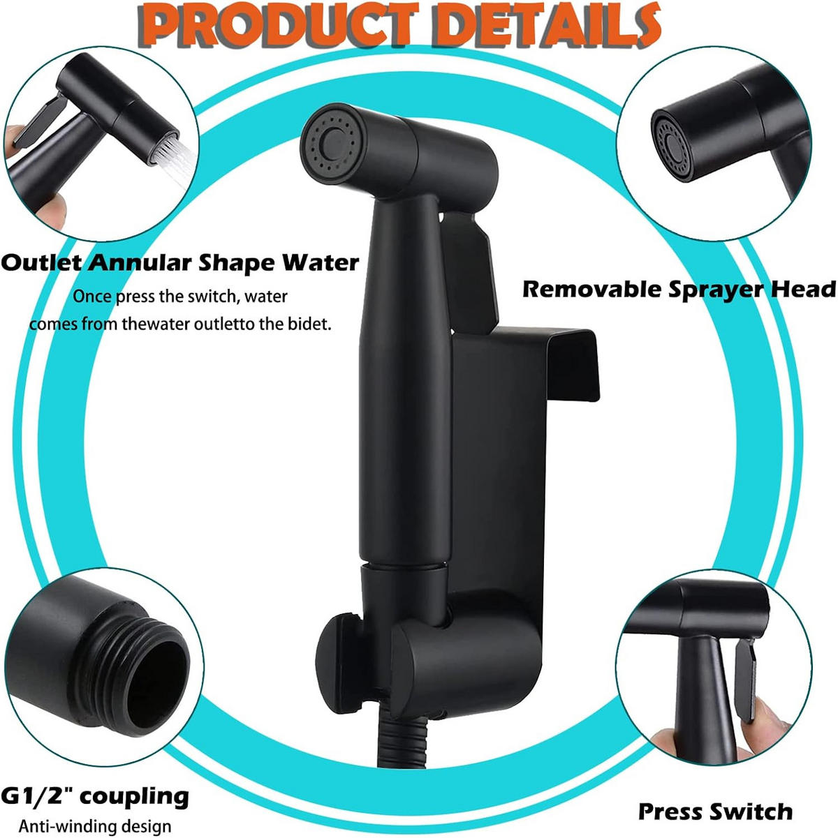 WC-BIDET-AUFSATZ – Schwarz – Handspülung – G1/2 Umsteller - Schwarz, Metall (22.5/6/12.5cm)
