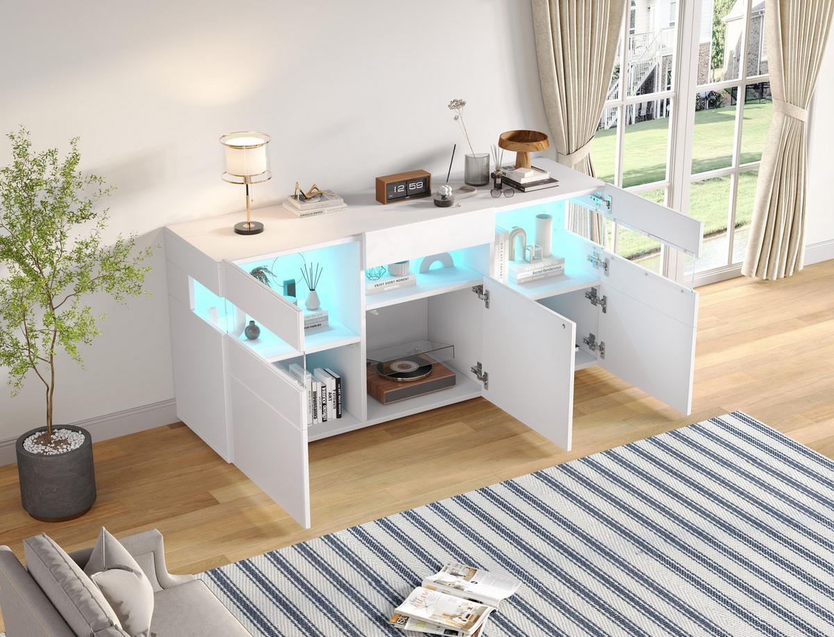 SIDEBOARD 140/40,5/66,5 cm, 3 Türen, Hochglanz-Front und app-gesteuerte LED für Wohnzimmer，Weiß - Weiß, Holzwerkstoff (140/66.5/40.5cm) - Redom