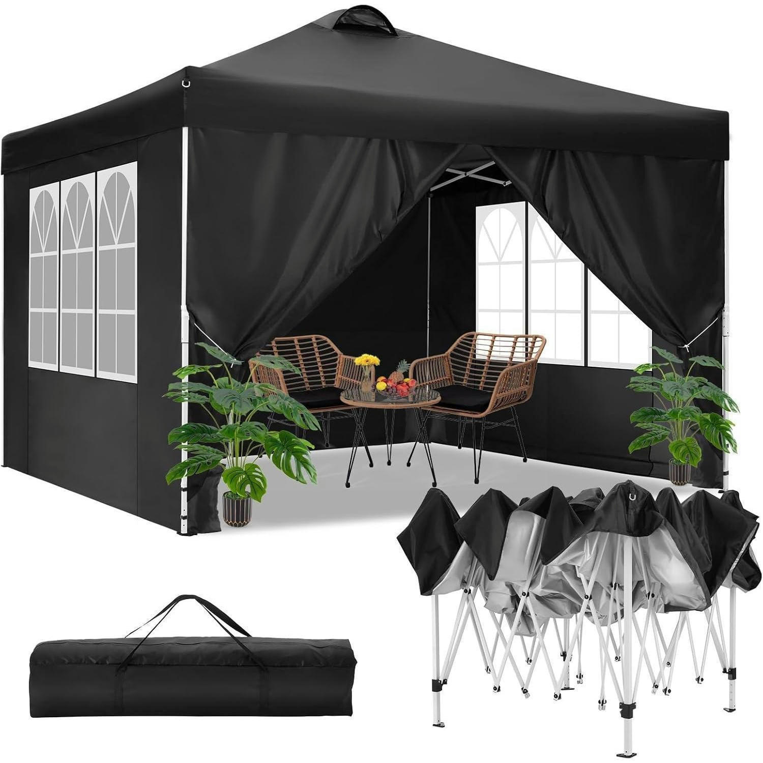 FALTPAVILLON 3 x 3 m Schwarz mit Seitenteilen - Schwarz, Textil (304.8/609.6/304.8cm)