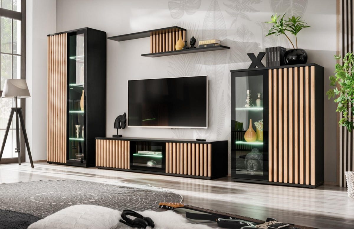 TV-LOWBOARD schwarz, Eiche Jackson 163 cm, TV Unterteil mit 3D-Lamellen inklusive Beleuchtung - Eichefarben/Schwarz, Glas/Holzwerkstoff (160/42/45cm) - Furn.Design