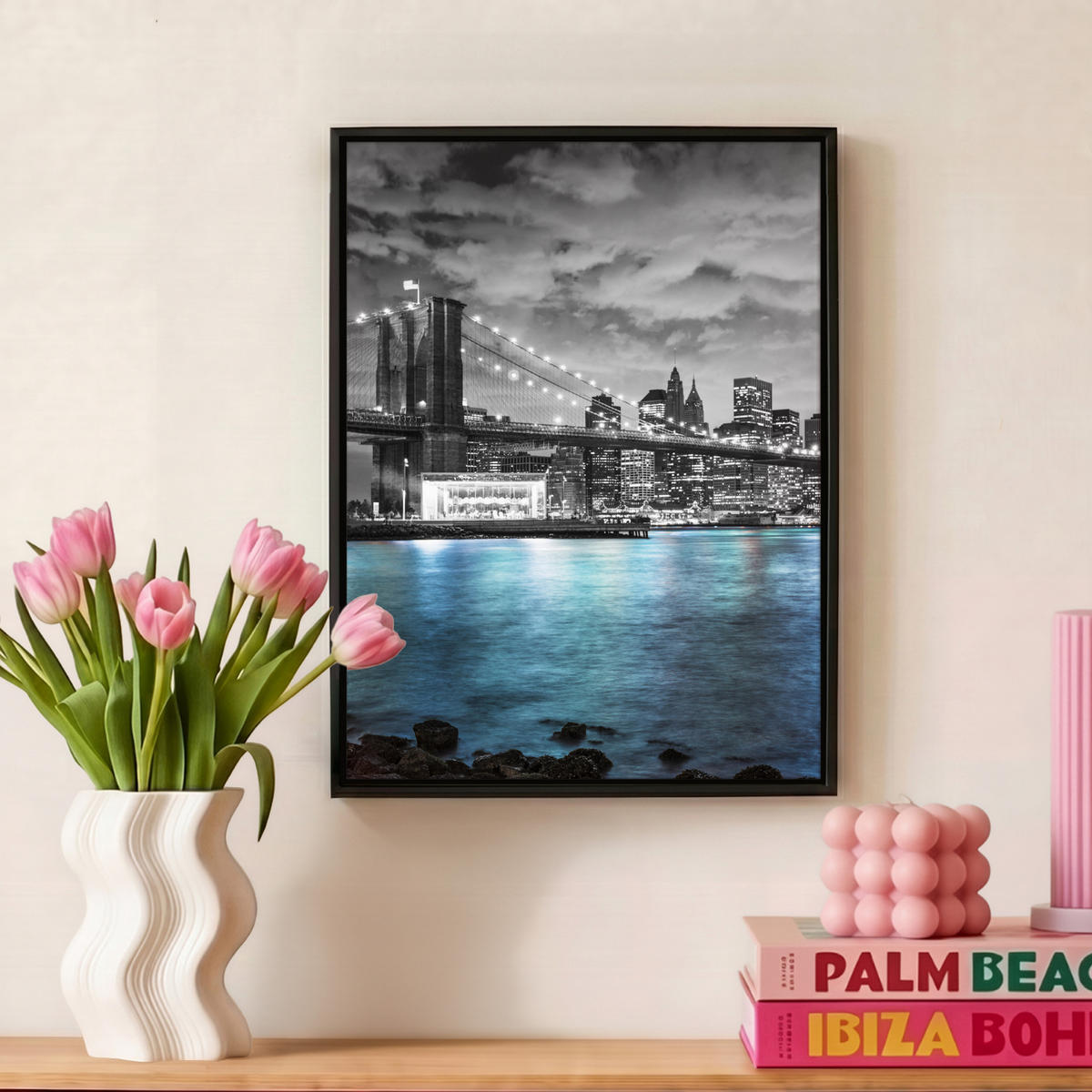 LEINWAND Bilder mit Rahmen - New York - Skyline - Stadt - Blau - 30x40 - Blaugrau, Textil (30/40cm) - MuchoWow