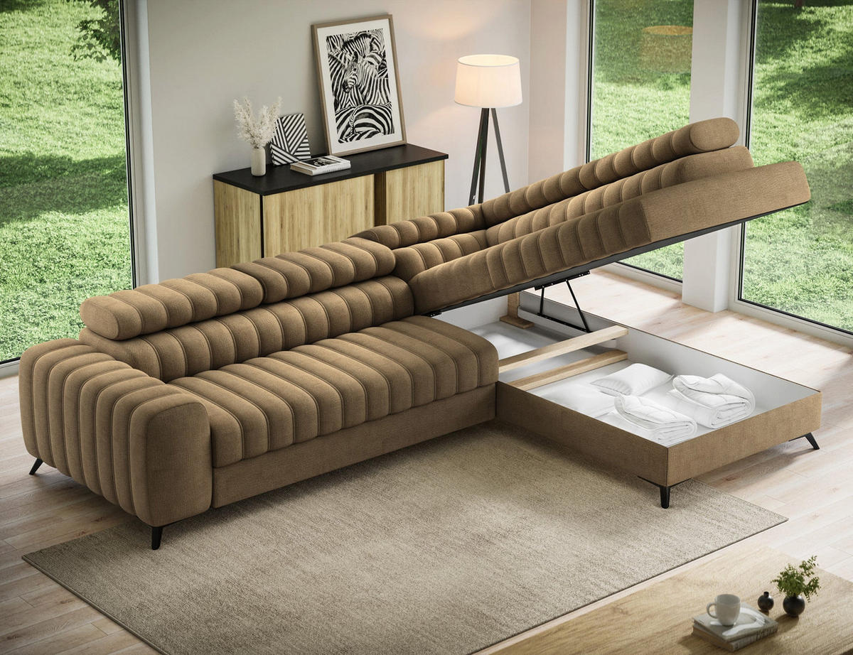 KANEDO Ecksofa mit Schlaffunktion und Bettkasten – Modernes Designsofa, verstellbare Kopfstützen, Metallfüße - Braun, Kunststoff (269/86cm) - Wohnideebilder