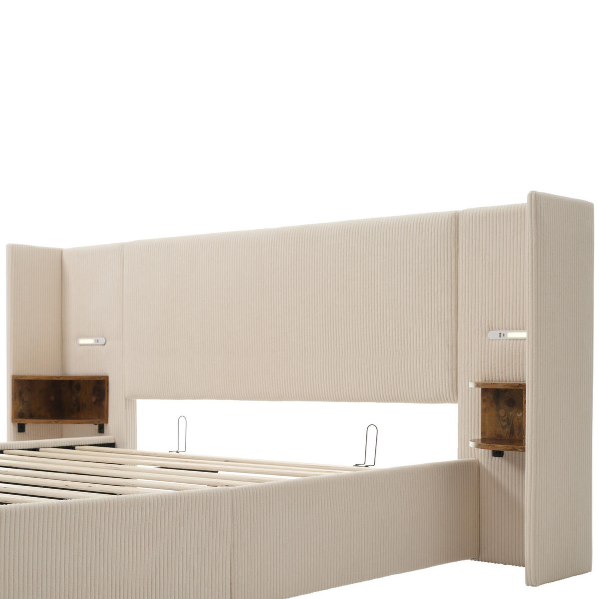 POLNJENA postelja iz žameta 160x200 cm bež-bela z nočno poličko, bralno lučko, USB in Type-C priključki ter hidravličnim predalom - bež, tekstil (160/200cm) - Modfu