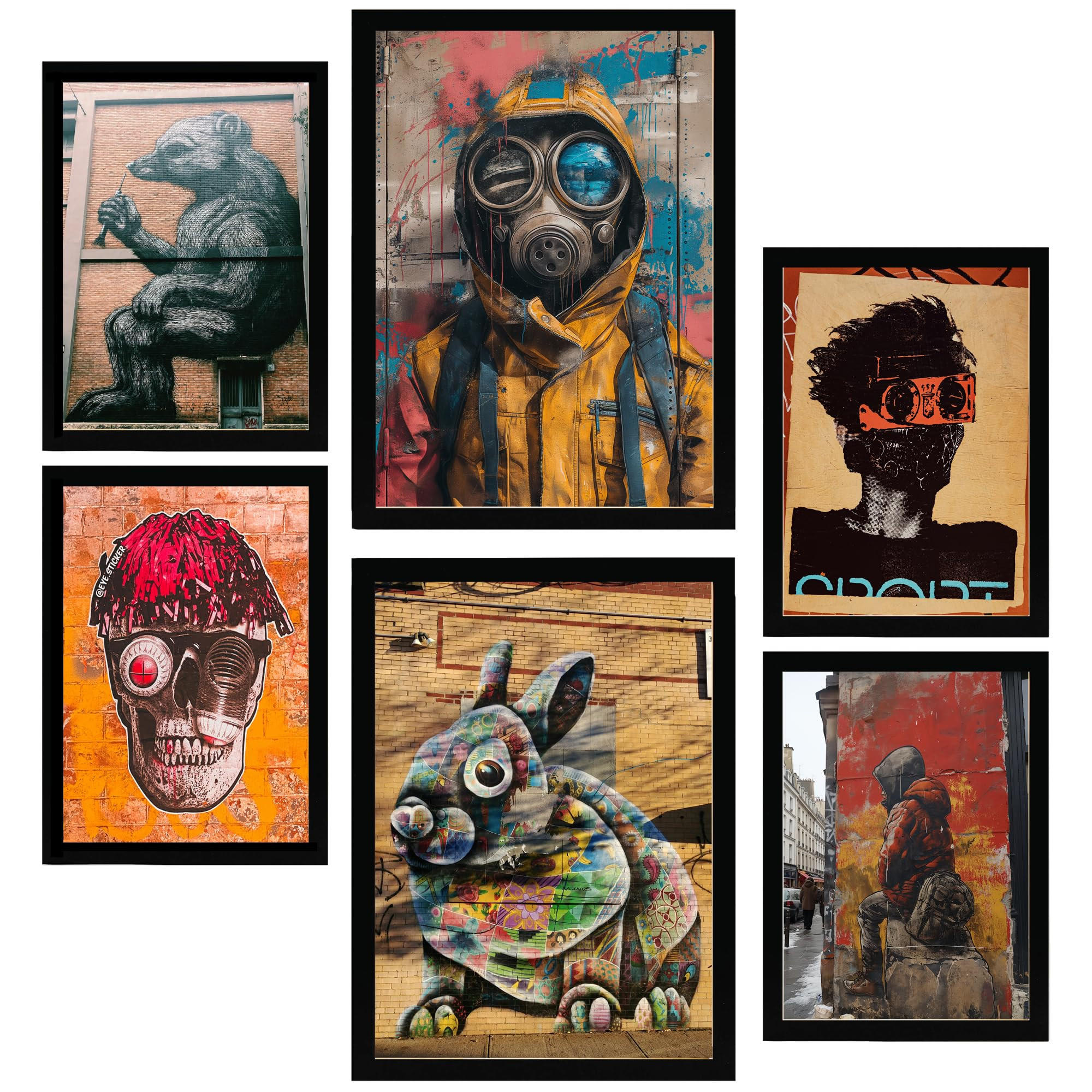 POSTER Set Mit 6 Graffiti Straßenkunst Im Banksy In Brauntönen A3 & A4 Schwarzer Rahmen - Schwarz, Papier (29/3cm) - Nacnic