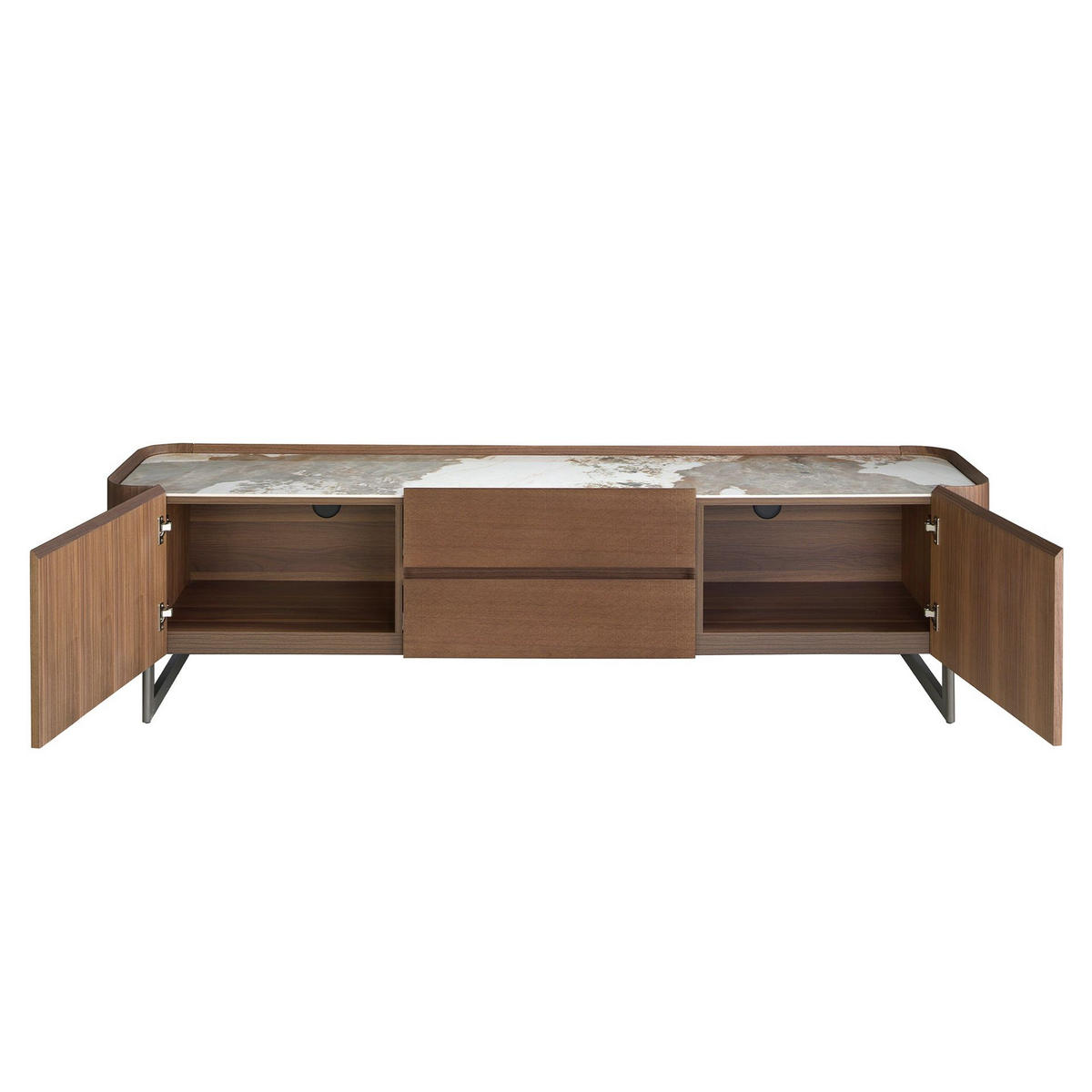 TV-ELEMENT TV-Ständer aus Nussbaum und dunklem metallisiertem Stahl mit Porzellanmarmorplatte 200/45/52 cm - Walnussfarben/Weiß, Holz (200/52/45cm) - ANGEL CERDA