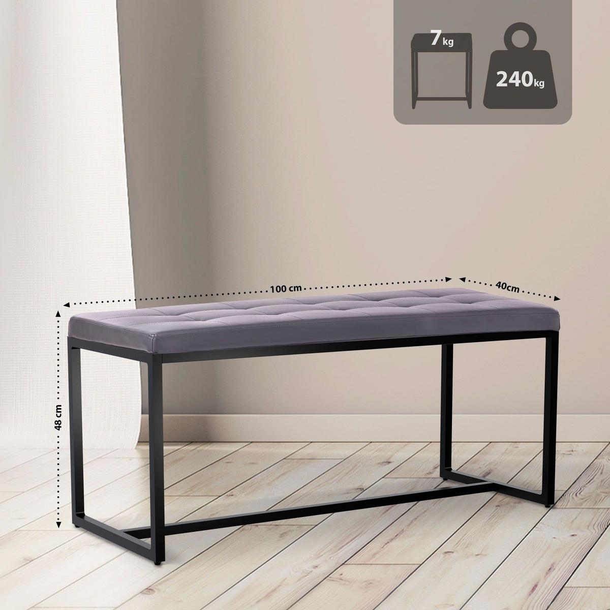 SITZBANK 100/40 cm Kunstleder grau - Schwarz/Grau, Textil/Metall (100/48/40cm) - CLP