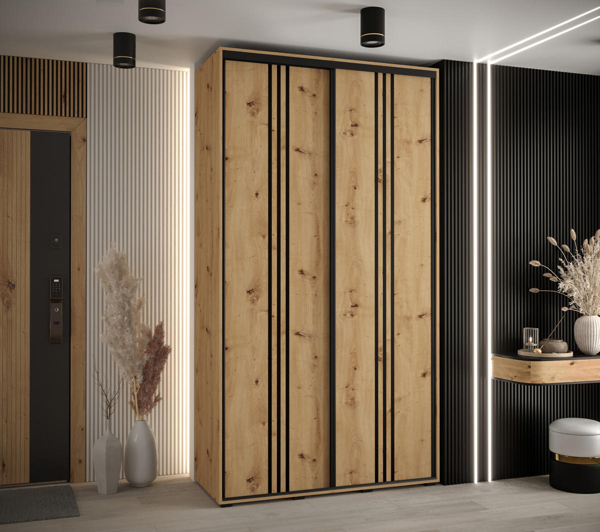 SCHWEBETÜRENSCHRANK 235,2/140/60 2-türig - Schwarz/Eiche Artisan, Holz/Metall (140/235/60cm) - Abiks Möbel