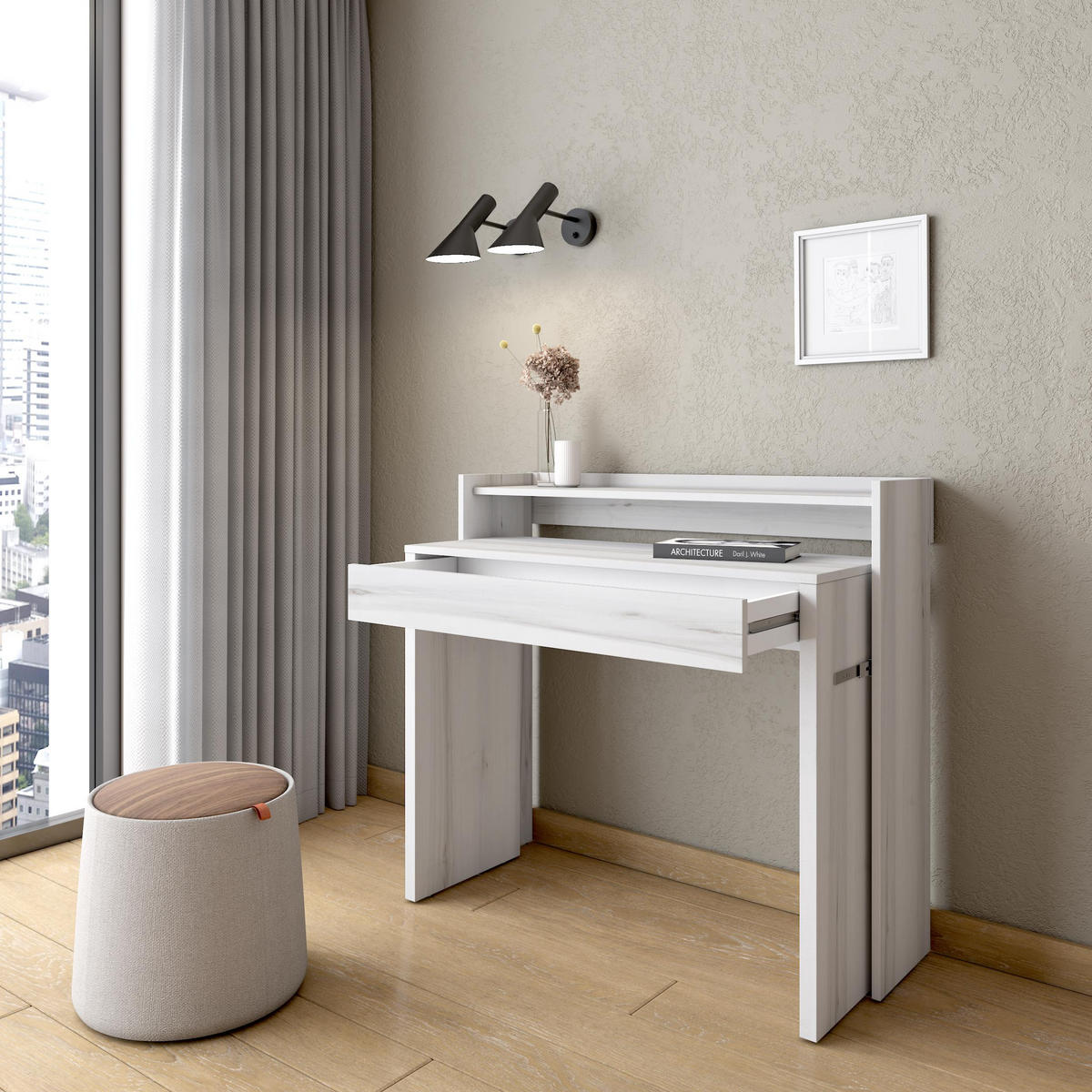 SCHREIBTISCH Ausziehbar, Weiß gemasert, 99/35/90cm - Weiß, Holzwerkstoff (35/99/90cm) - Skraut Home