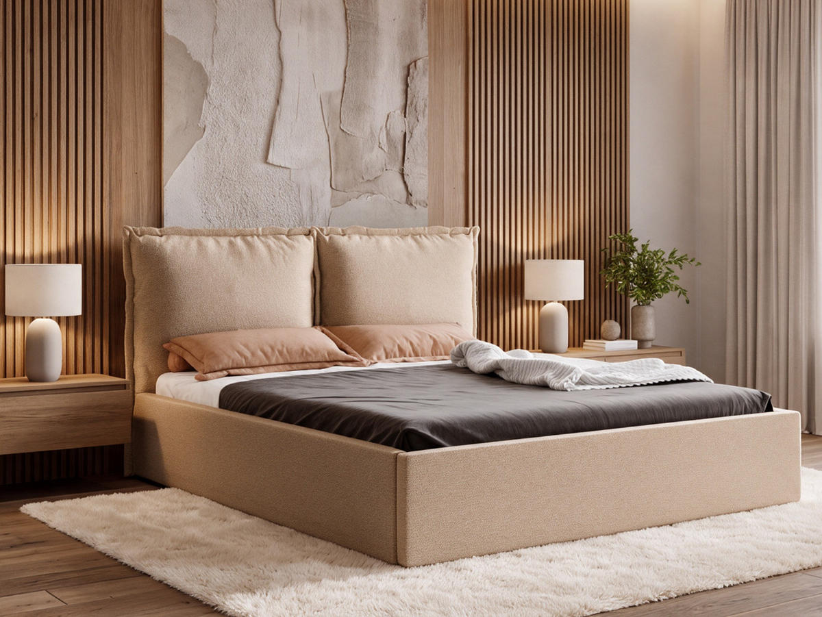 POLSTERBETT MIRA 140x200 cm mit Bettkasten, Stauraum und Metall-Lattenrost – VIBE Beige - Beige/Schwarz, Textil/Metall (140/200cm) - Luxkor24