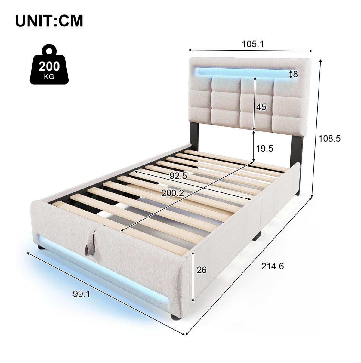 BETT mit Stauraum und LED 90x200 cm Leinen Beige - Beige, Metall (90/200cm) - Meubliv