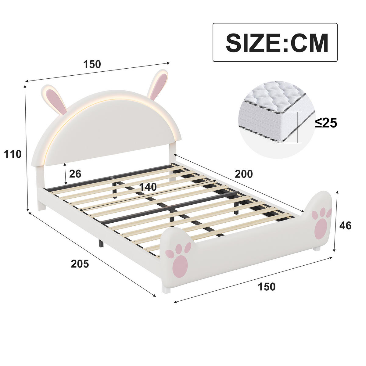 POLSTERBETT 140x200 cm Kinderbett mit LED, Schmetterlings-Kopfteil, Doppelbett mit Lattenrost, Rosa - Rosa, Metall (140/200cm) - EuroLiving