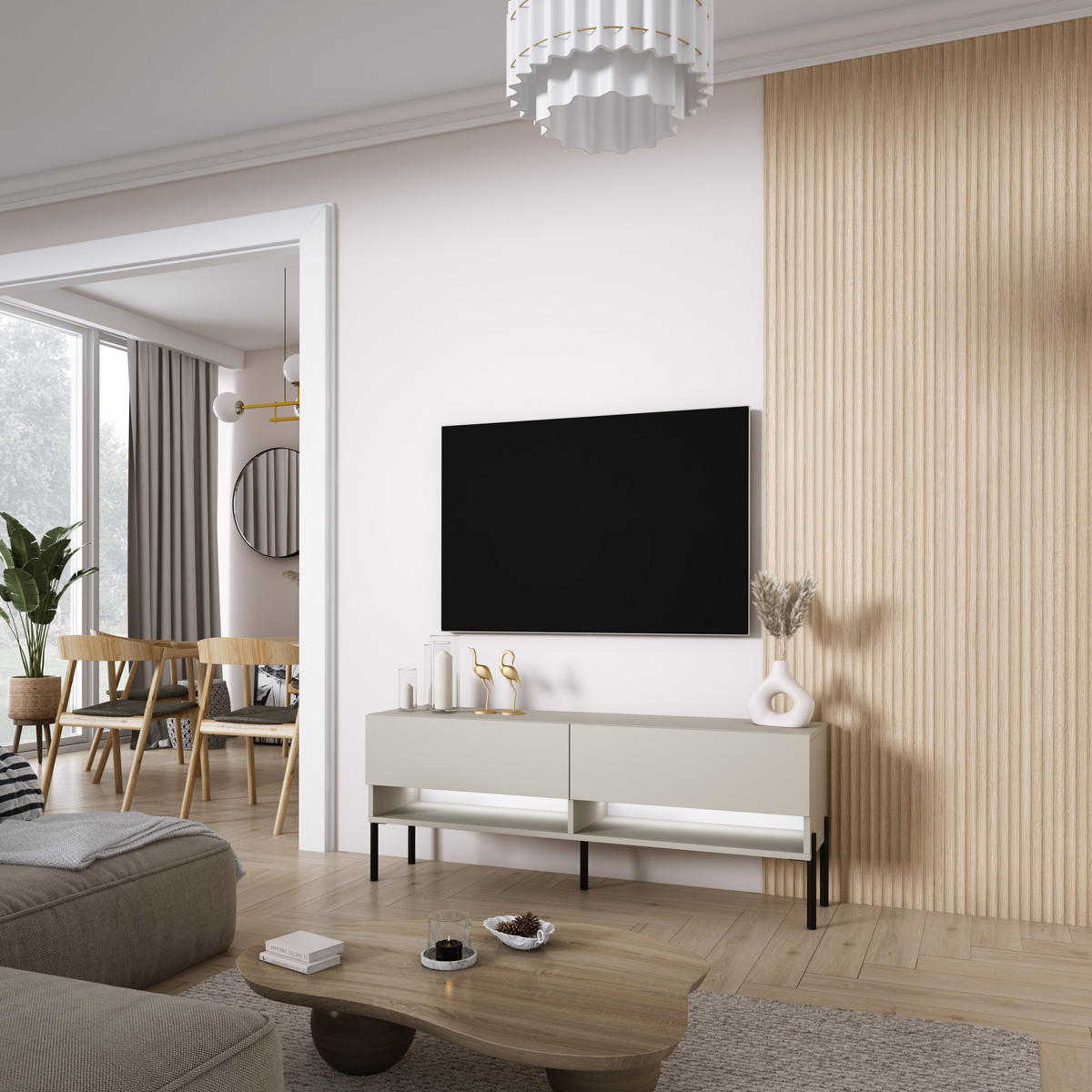 TV-LOWBOARD 140 cm Kaschmir, gerade schwarze Beine, weiße LED, 140 × 32 × 52 cm - Beige, Holzwerkstoff (140/52/32cm) - 3XE LIVING