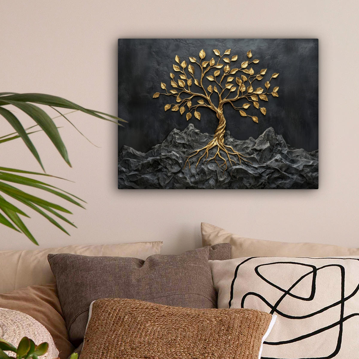 LEINWANDBILD Blätter - Gold - Baum - Fels Wandbild 40x30 cm - Schwarz, Textil (40/30cm) - MuchoWow