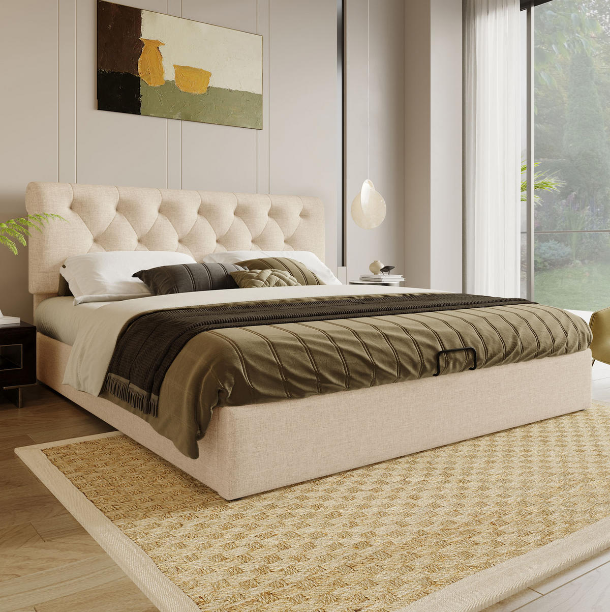 BETT mit Bettkasten und verstellbarem Kopfteil 140x200 cm Leinen Natur - Beige, Metall (140/200cm) - Meubliv