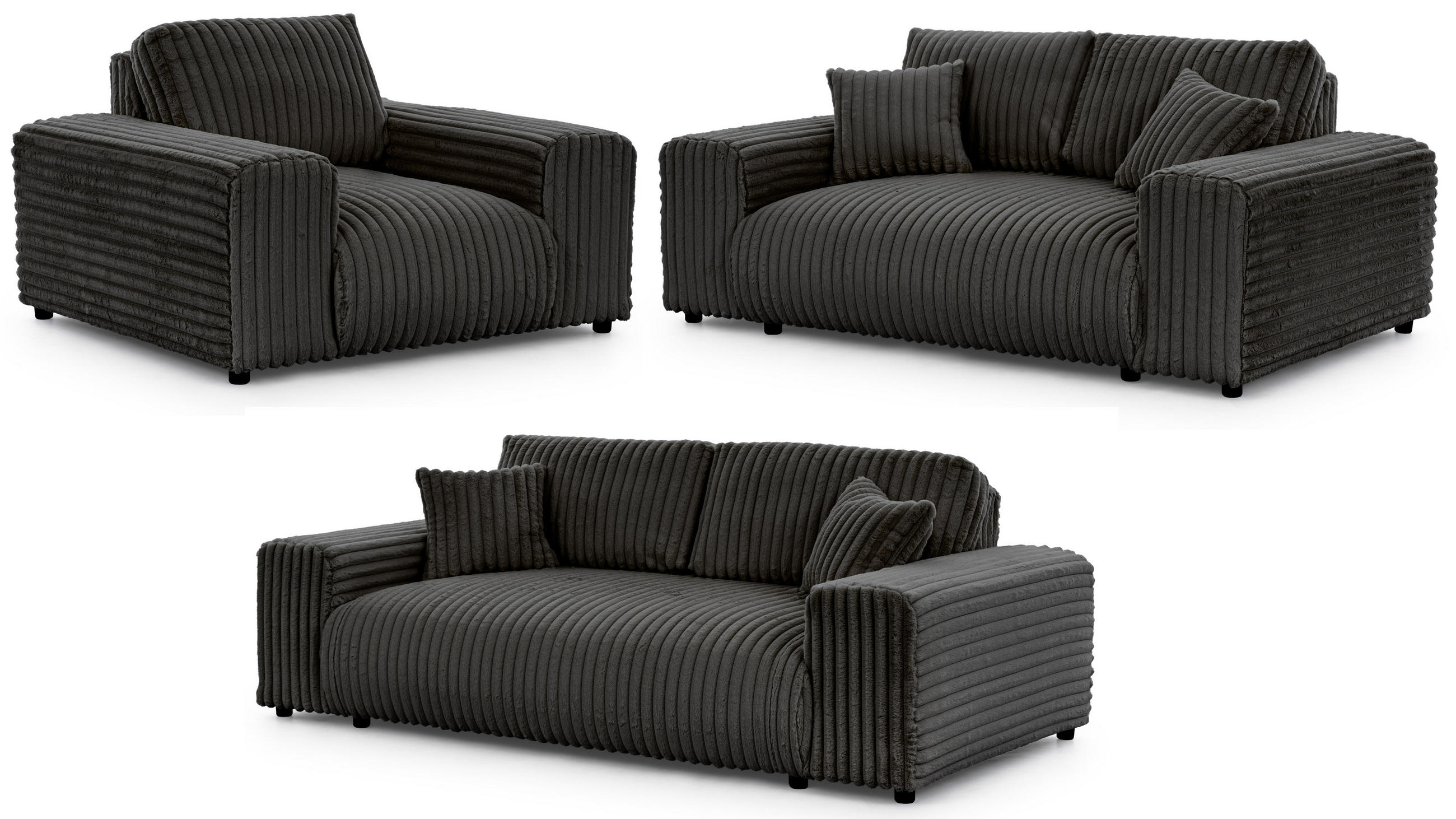 SITZGARNITUR 3+2+1 Mollis Dunkelgrau Plüschcord - Dunkelgrau/Schwarz, Holz/Kunststoff (213/79/108cm) - S-Style Möbel