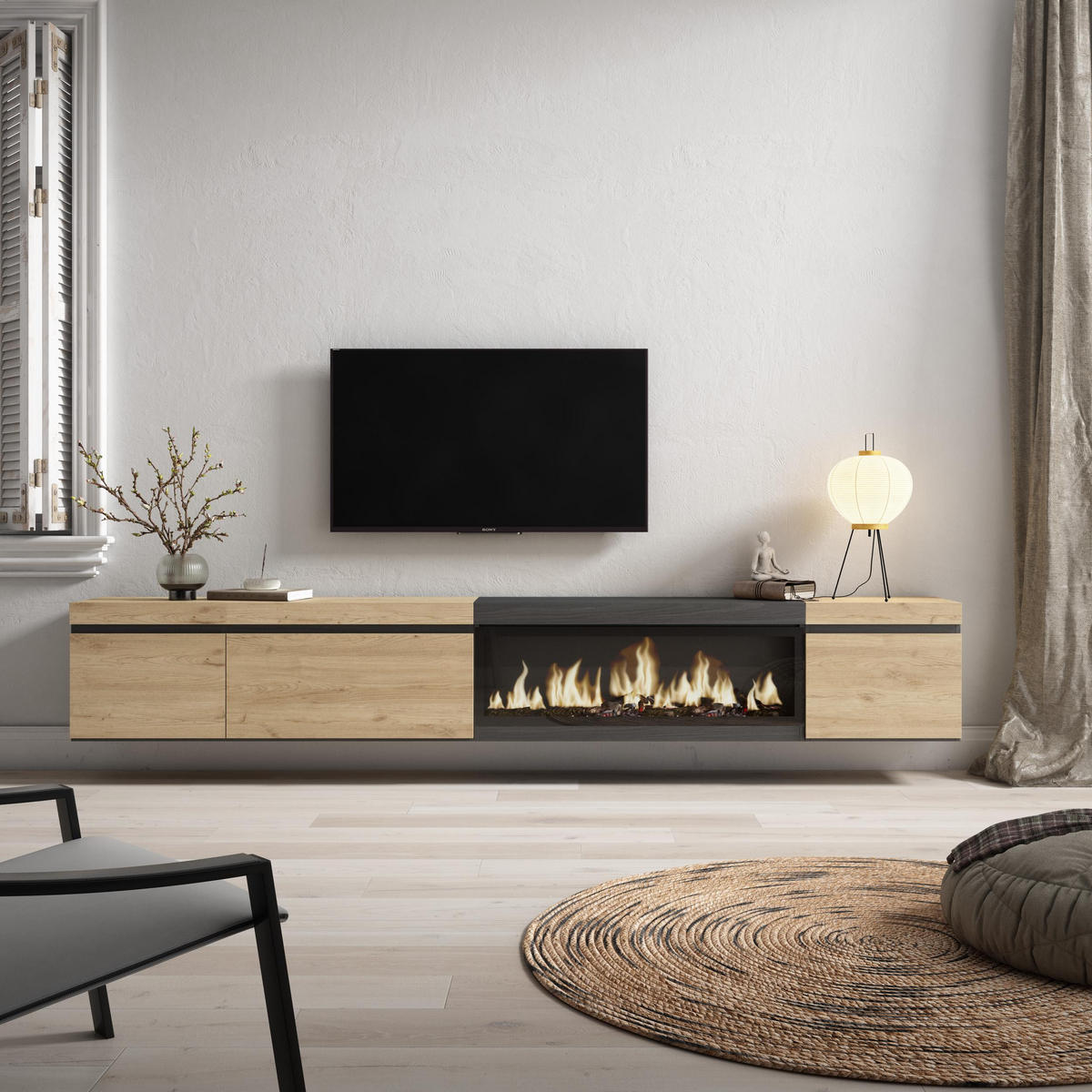 TV-SCHRANK Lowboard, Elektrokamin XXL, Hängend, eiche, schwarz, 288/35/45 cm - Eichefarben/Schwarz, Holzwerkstoff (35/45/288cm) - Skraut Home